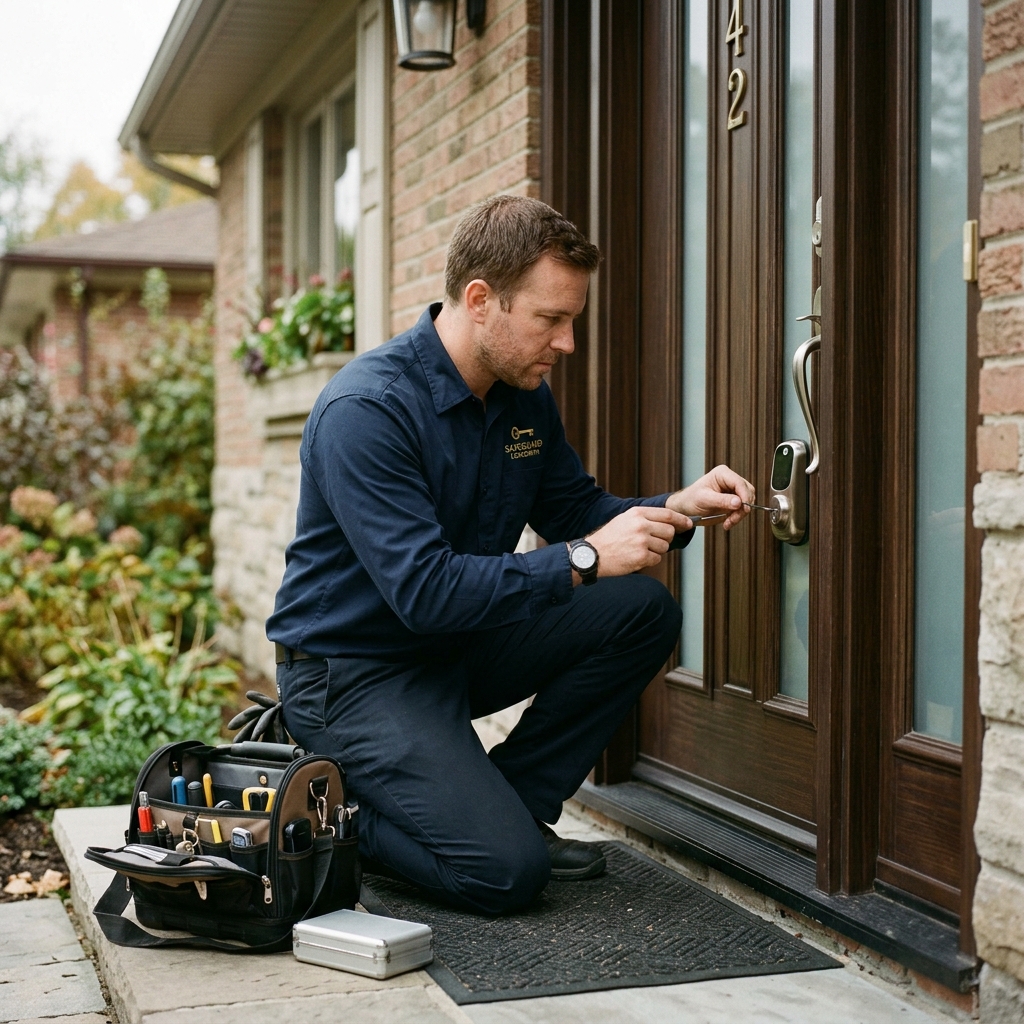 Locksmith technician working on a residential door lock